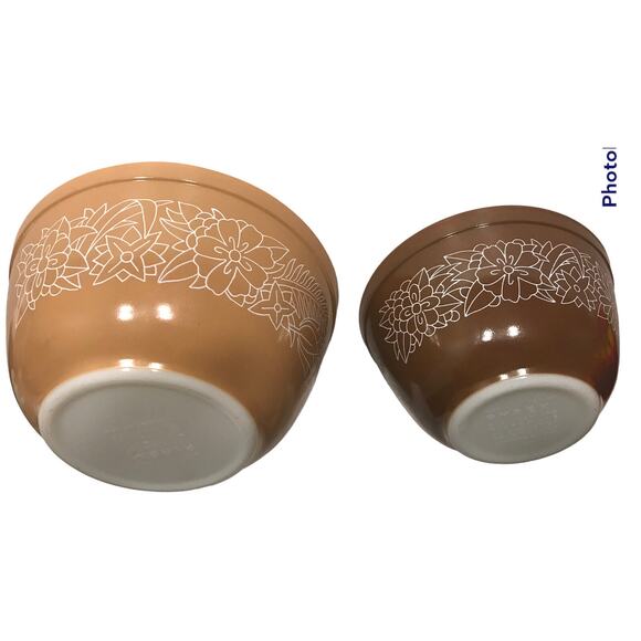 Vintage Pyrex Nesting Bowls Set Of 2 Mixing Woodland‎ Brown Floral #401 #402 - Picture 2 of 9